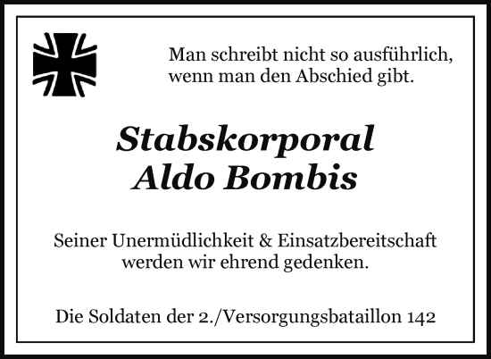 Traueranzeige von Aldo Bombis von Uckermark Kurier Prenzlauer Zeitung