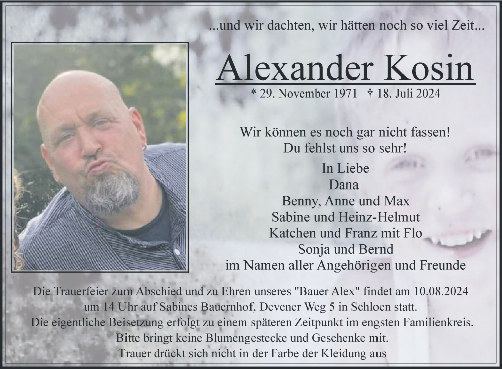  Traueranzeige für Alexander Kosin vom 27.07.2024 aus Nordkurier Müritz-Zeitung