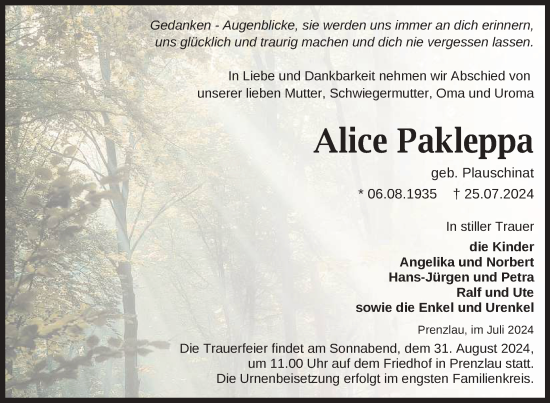 Traueranzeige von Alice Pakleppa von Uckermark Kurier Prenzlauer Zeitung