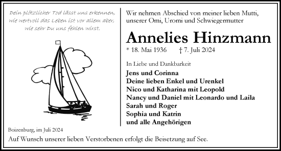 Traueranzeige von Annelies Hinzmann von Hagenower Kreisblatt