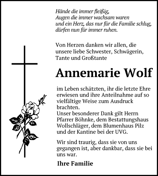 Traueranzeige von Annemarie Wolf von Uckermark Kurier Templiner Zeitung