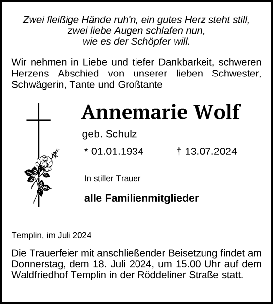 Traueranzeige von Annemarie Wolf von Uckermark Kurier Templiner Zeitung