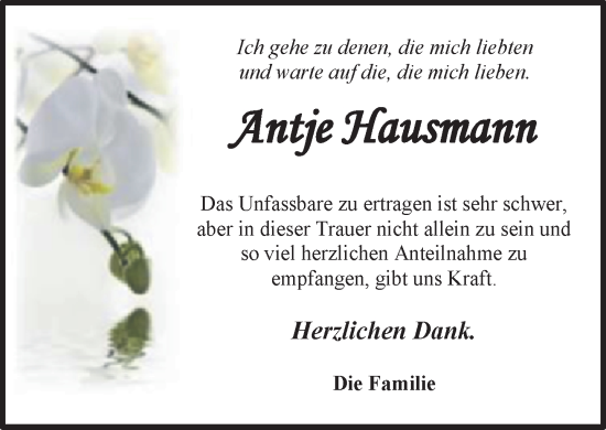 Traueranzeige von Antje Hausmann von Parchim und Lübz