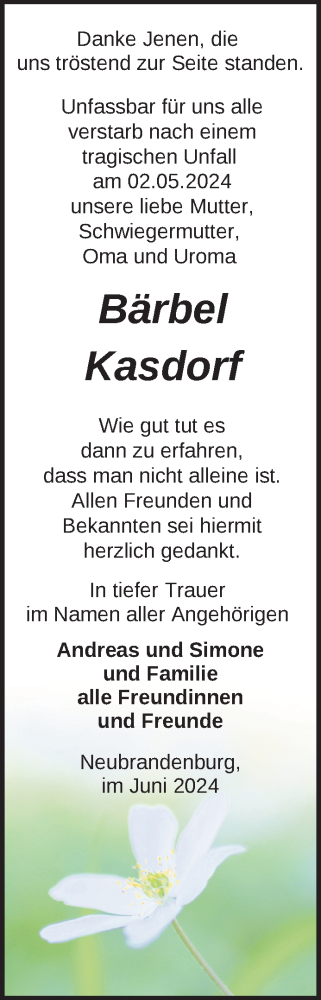 Traueranzeige von Bärbel Kasdorf von Nordkurier Neubrandenburger Zeitung