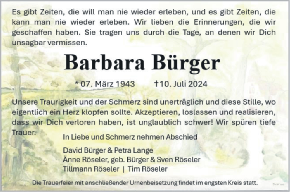  Traueranzeige für Barbara Bürger vom 19.07.2024 aus Nordkurier Neubrandenburger Zeitung