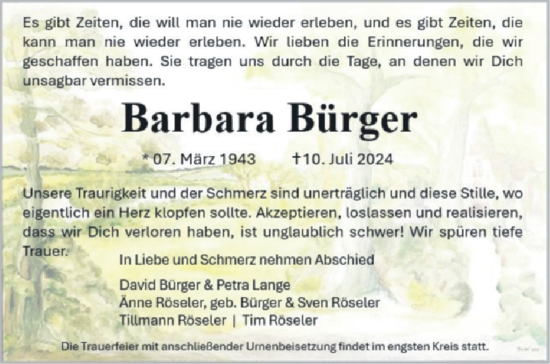 Traueranzeige von Barbara Bürger von Nordkurier Neubrandenburger Zeitung