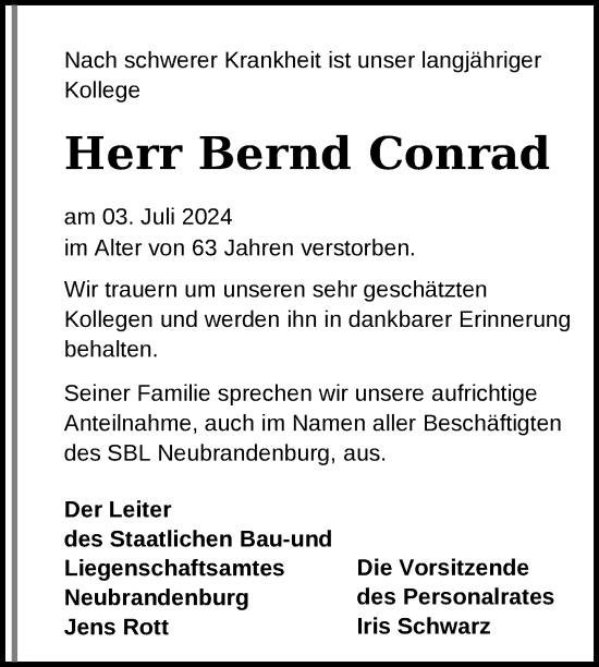 Traueranzeige von Bernd Conrad von Nordkurier Neubrandenburger Zeitung