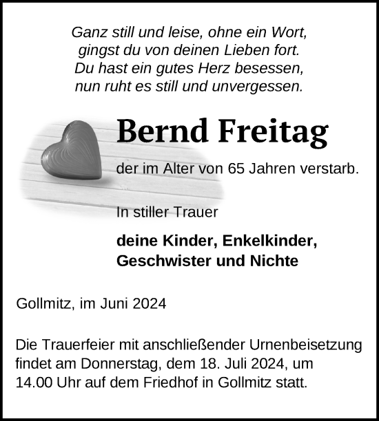 Traueranzeige von Bernd Freitag von Uckermark Kurier Prenzlauer Zeitung