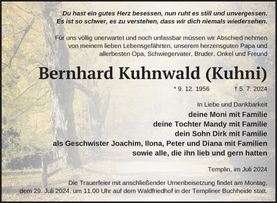 Traueranzeige von Bernhard Kuhnwald von Nordkurier Neubrandenburger Zeitung