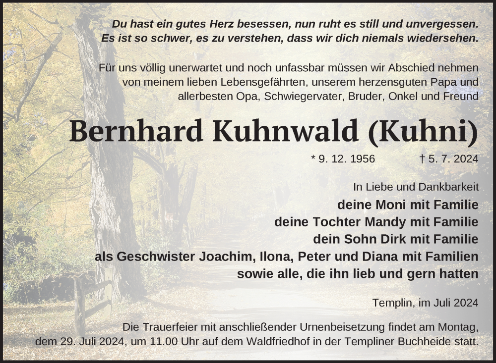  Traueranzeige für Bernhard Kuhnwald vom 23.07.2024 aus Nordkurier Neubrandenburger Zeitung