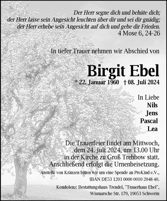 Traueranzeige von Birgit Ebel von Zeitung für die Landeshauptstadt