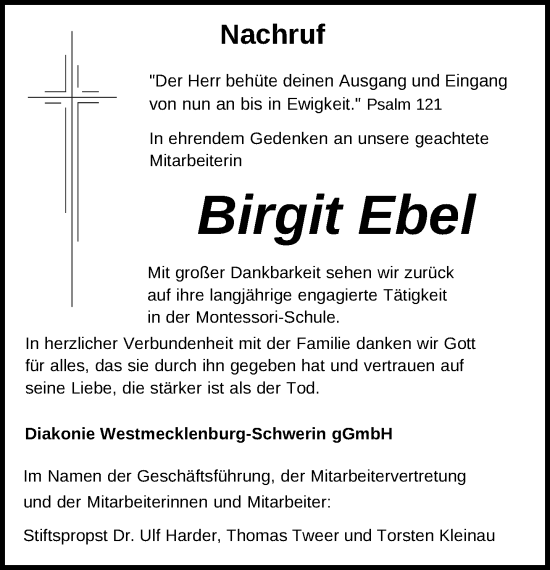 Traueranzeige von Birgit Ebel von Zeitung für die Landeshauptstadt