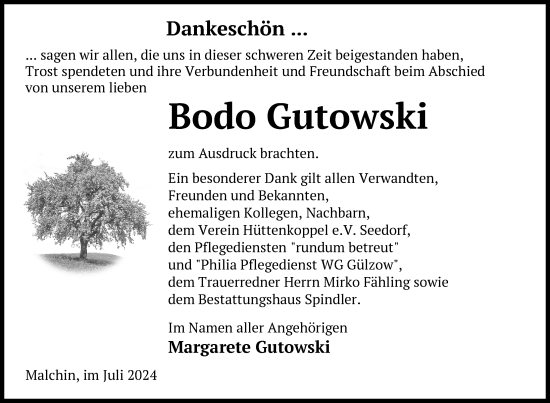 Traueranzeige von Bodo Gutowski von Nordkurier Mecklenburger Schweiz