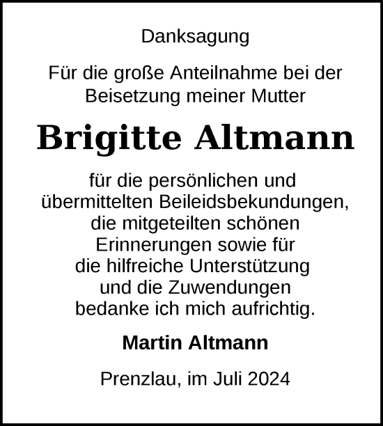 Traueranzeige von Brigitte Altmann von Uckermark Kurier Prenzlauer Zeitung