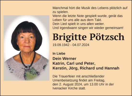 Traueranzeige von Brigitte Pötzsch von Nordkurier Mecklenburger Schweiz