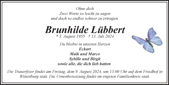 Traueranzeige von Brunhilde Lübbert von Hagenower Kreisblatt