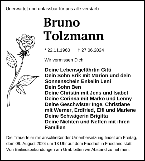 Traueranzeige von Bruno Tolzmann von Nordkurier Neubrandenburger Zeitung