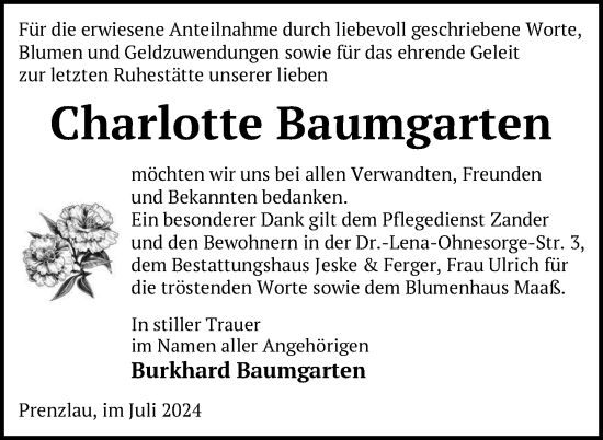 Traueranzeige von Charlotte Baumgarten von Uckermark Kurier Prenzlauer Zeitung