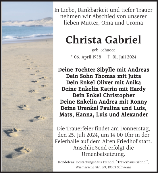 Traueranzeige von Christa Gabriel von Zeitung für die Landeshauptstadt