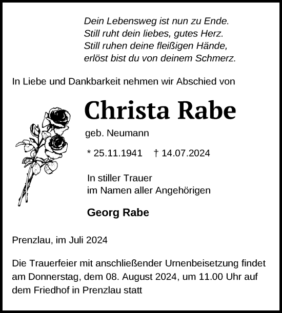 Traueranzeige von Christa Rabe von Uckermark Kurier Prenzlauer Zeitung
