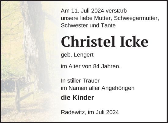 Traueranzeige von Christel Icke von Nordkurier Pasewalker Zeitung