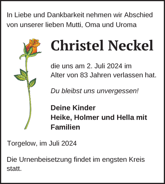 Traueranzeige von Christel Neckel von Nordkurier Haff-Zeitung