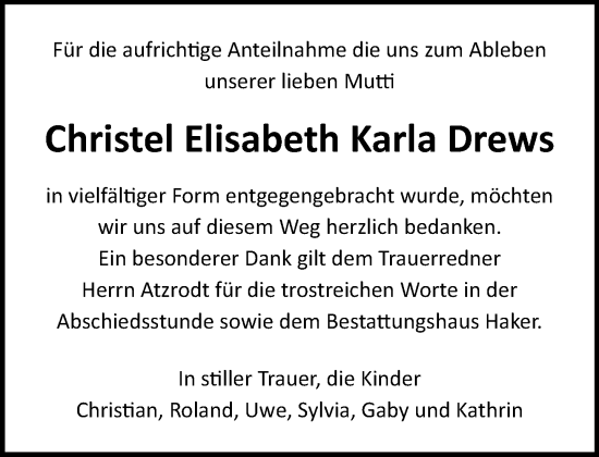 Traueranzeige von Christel Elisabeth Karla Drews von Norddeutsche Neueste Nachrichten