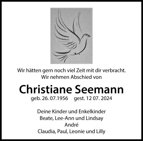 Traueranzeige von Christiane Seemann von Gadebusch - Rehnaer Zeitung