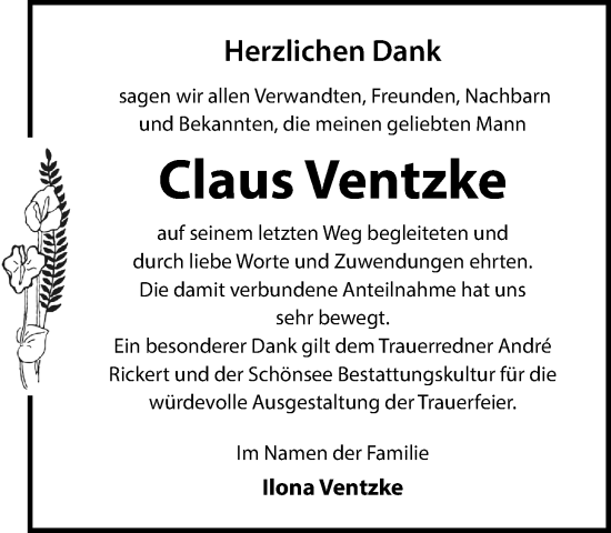 Traueranzeige von Claus Ventzke von Zeitung für die Landeshauptstadt