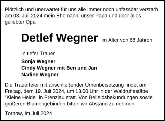 Traueranzeige von Detlef Wegner von Uckermark Kurier Prenzlauer Zeitung