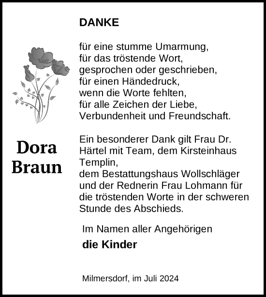 Traueranzeige von Dora Braun von Uckermark Kurier Prenzlauer Zeitung