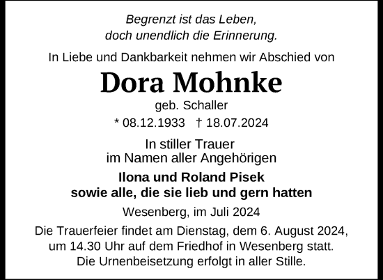 Traueranzeige von Dora Mohnke von Nordkurier Strelitzer Zeitung