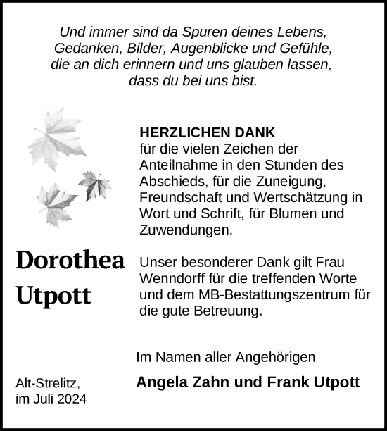 Traueranzeige von Dorothea Utpott von Nordkurier Strelitzer Zeitung