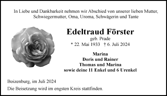 Traueranzeige von Edeltraud Förster von Hagenower Kreisblatt