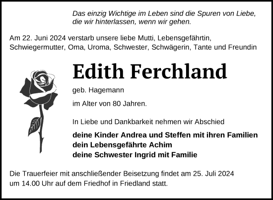 Traueranzeige von Edith Ferchland von Nordkurier Neubrandenburger Zeitung