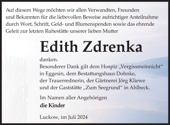 Traueranzeige von Edith Zdrenka von Nordkurier Haff-Zeitung