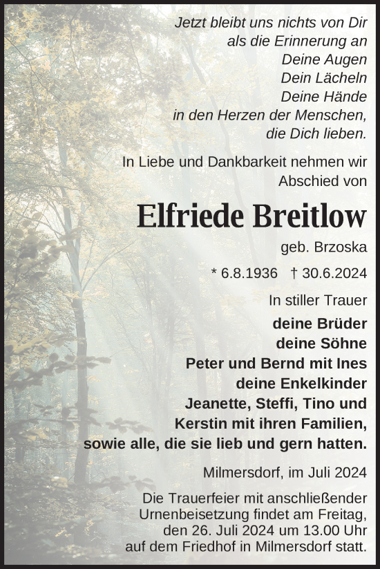 Traueranzeige von Elfriede Breitlow von Uckermark Kurier Prenzlauer Zeitung