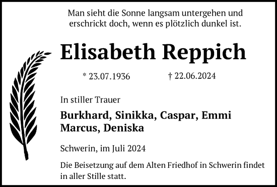 Traueranzeige von Elisabeth Reppich von Zeitung für die Landeshauptstadt