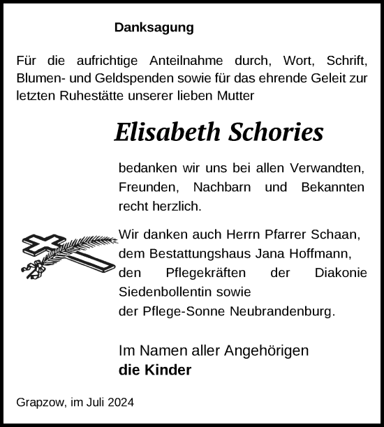 Traueranzeige von Elisabeth Schories von Nordkurier Neubrandenburger Zeitung