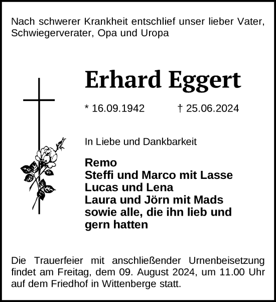 Traueranzeige von Erhard Eggert von Der Prignitzer, Prignitz Express