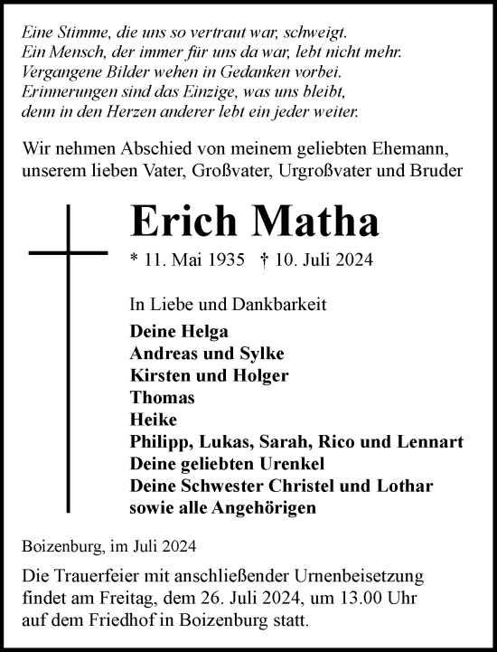 Traueranzeige von Erich Matha von Hagenower Kreisblatt