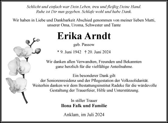 Traueranzeige von Erika Arndt von Nordkurier Vorpommern Kurier