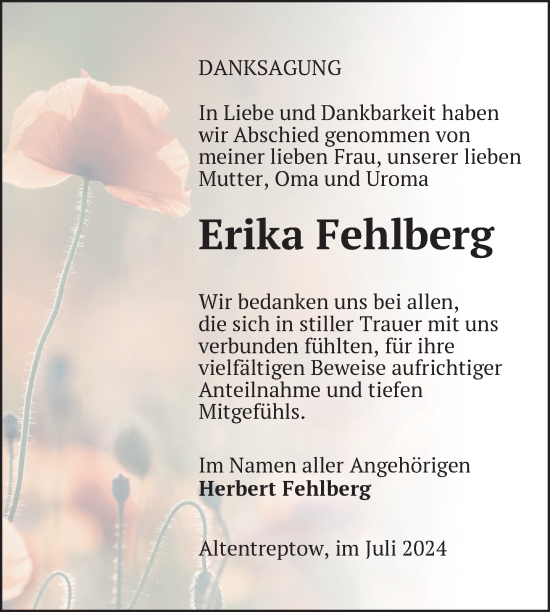 Traueranzeige von Erika Fehlberg von Nordkurier Grosso