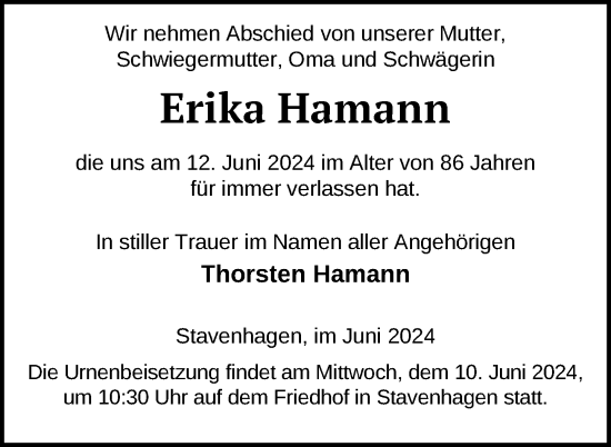 Traueranzeige von Erika Hamann von Nordkurier Mecklenburger Schweiz