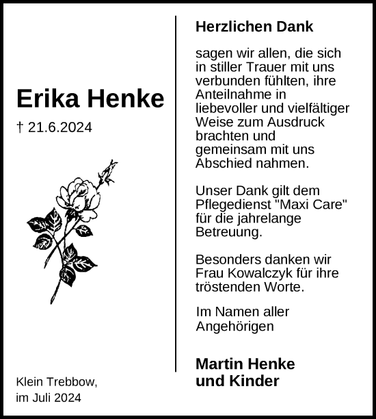 Traueranzeige von Erika Henke von Nordkurier Strelitzer Zeitung