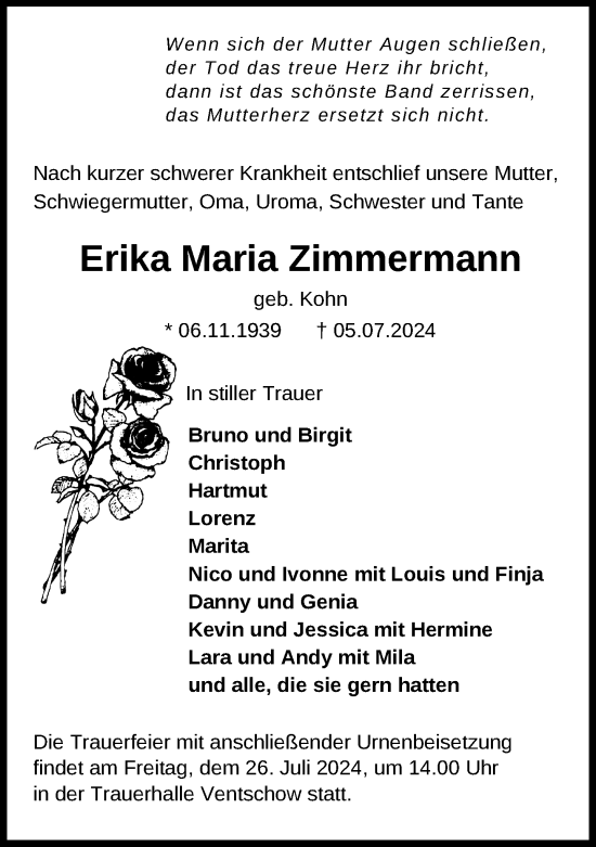 Traueranzeige von Erika Maria Zimmermann von Anzeiger für Sternberg - Brüel - Warin