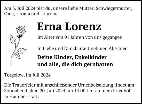 Traueranzeige von Erna Lorenz von Nordkurier Haff-Zeitung