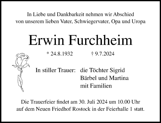 Traueranzeige von Erwin Furchheim von Norddeutsche Neueste Nachrichten