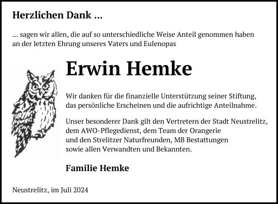 Traueranzeige von Erwin Hemke von Nordkurier Neubrandenburger Zeitung