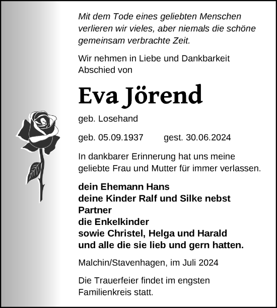 Traueranzeige von Eva Jörend von Nordkurier Mecklenburger Schweiz